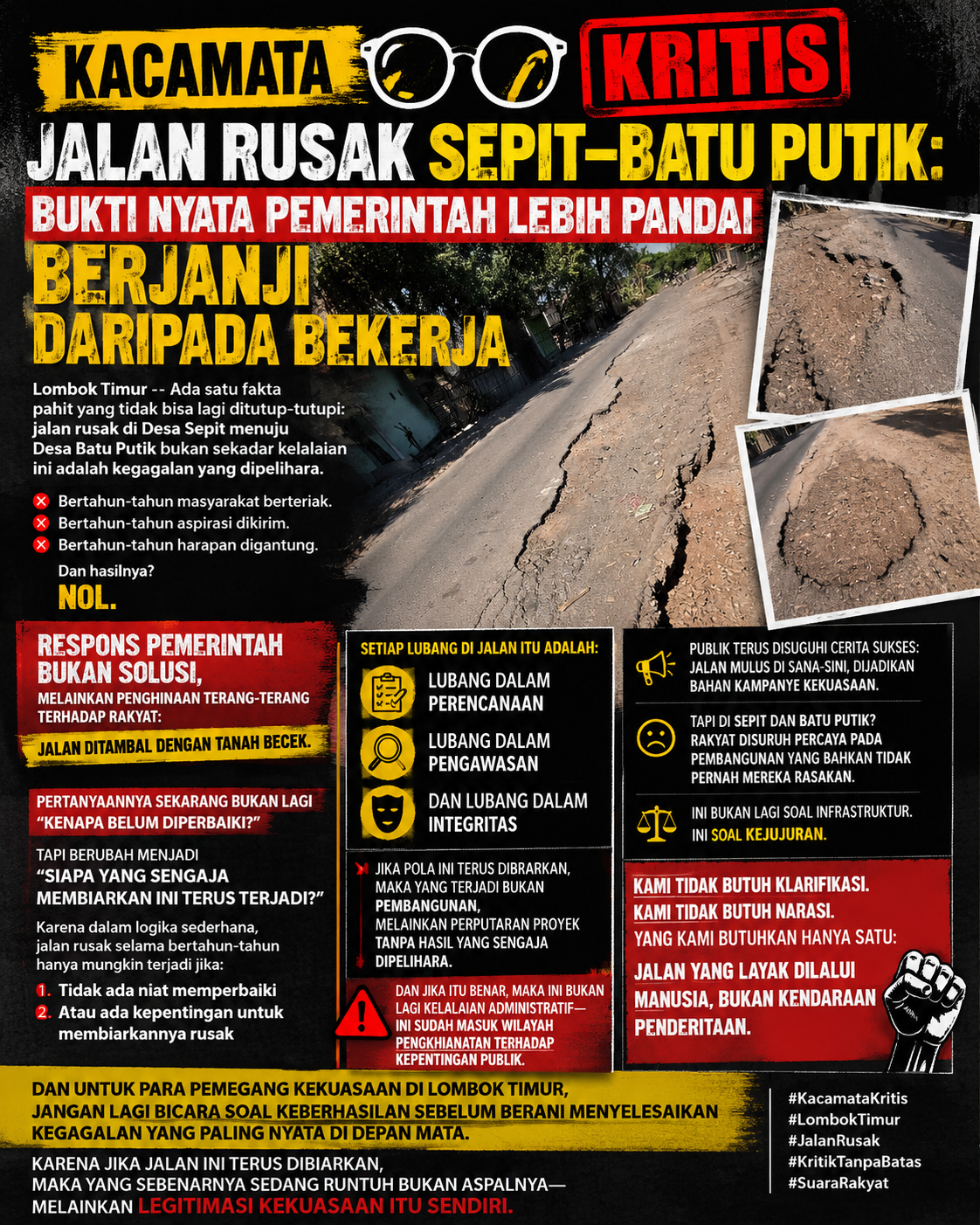 JALAN RUSAK SEPIT–BATU PUTIK: BUKTI NYATA PEMERINTAH LEBIH PANDAI BERJANJI DARIPADA BEKERJA